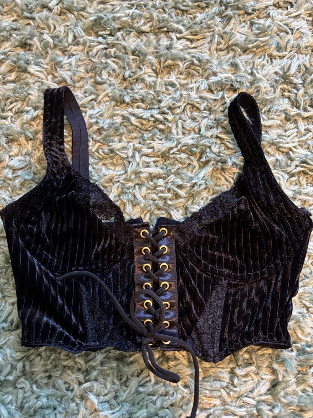 🖤NWOT Black Ribbed Velvet Laceup Bra Top with Sheer Lace Details
